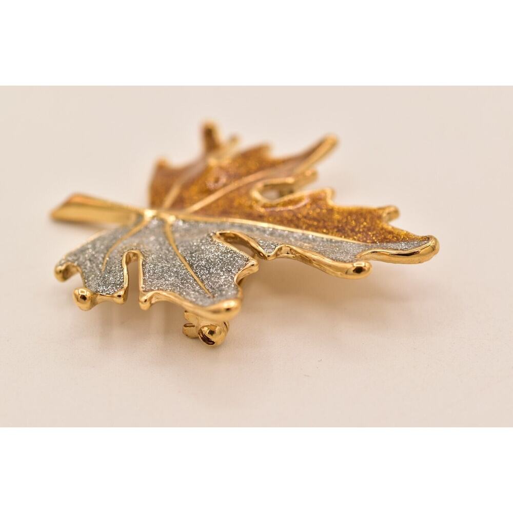 Vintage Autumn Fall Glitter Enamel Leaf Pin Brooch Silver Gold NOS 1990s BinA18 - Picture 8 of 12